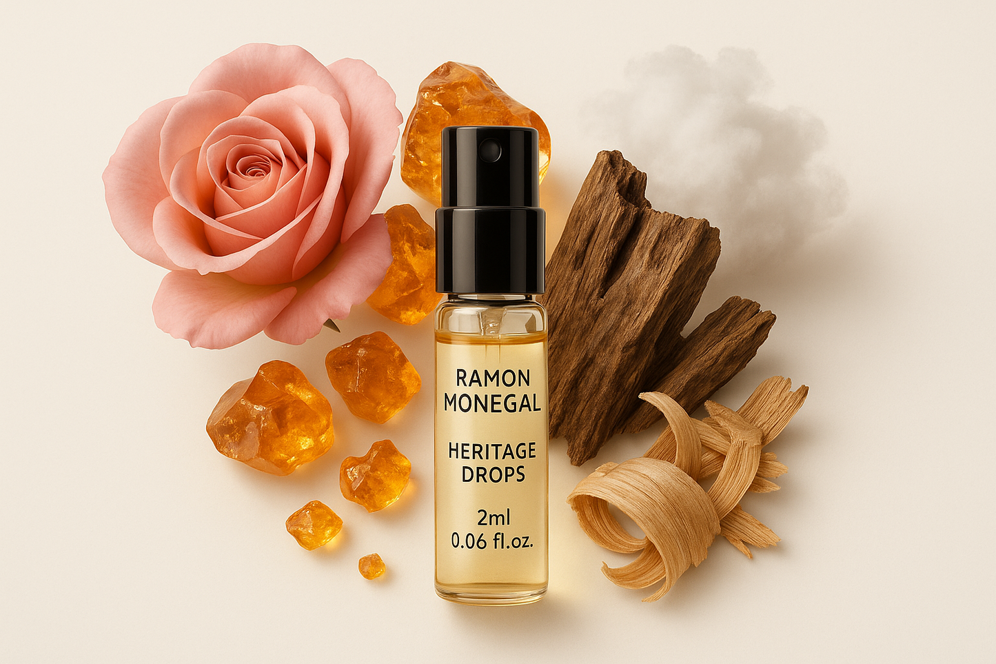 Ramon Monegal Heritage Drops parfum oficial eșantion 2ml 0,06 fl.oz. sticluță de testare parfum înconjurată de note olfactive Heritage Drops