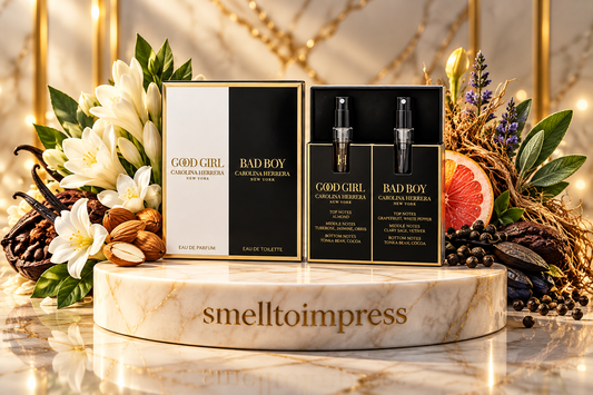imagine cu set de mostre de parfum Carolina Herrera Good Girl 1,5 ml și Bad Boy 1,5 ml
