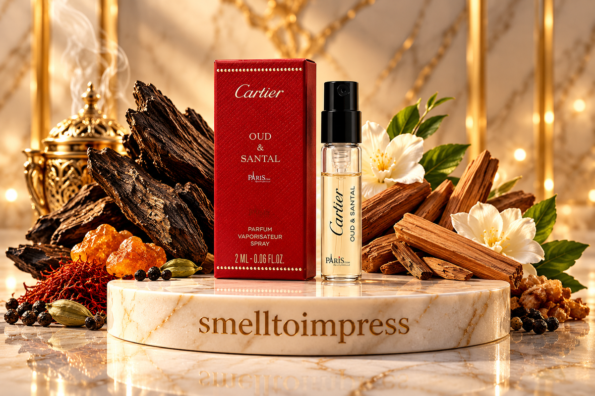 imagine cu mostră oficială de parfum Cartier Les Heures Voyageuses Oud and Santal 1,5 ml 0,05 fl. oz.