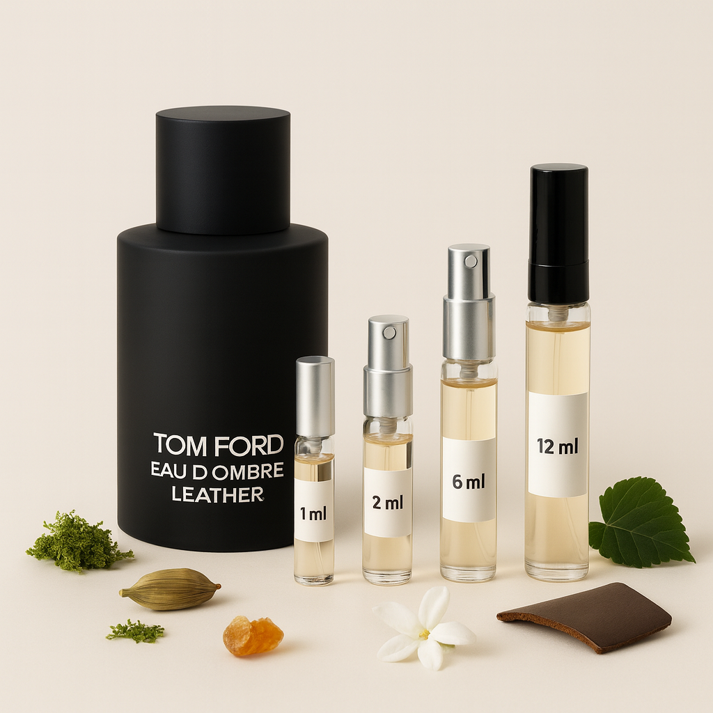 Sticlă Tom Ford Eau d’Ombre Leather cu fiole de mostre de 1 ml, 2 ml, 6 ml și 12 ml pe fundal deschis, cu accente de cardamom, iasomie, ambră, mușchi și piele