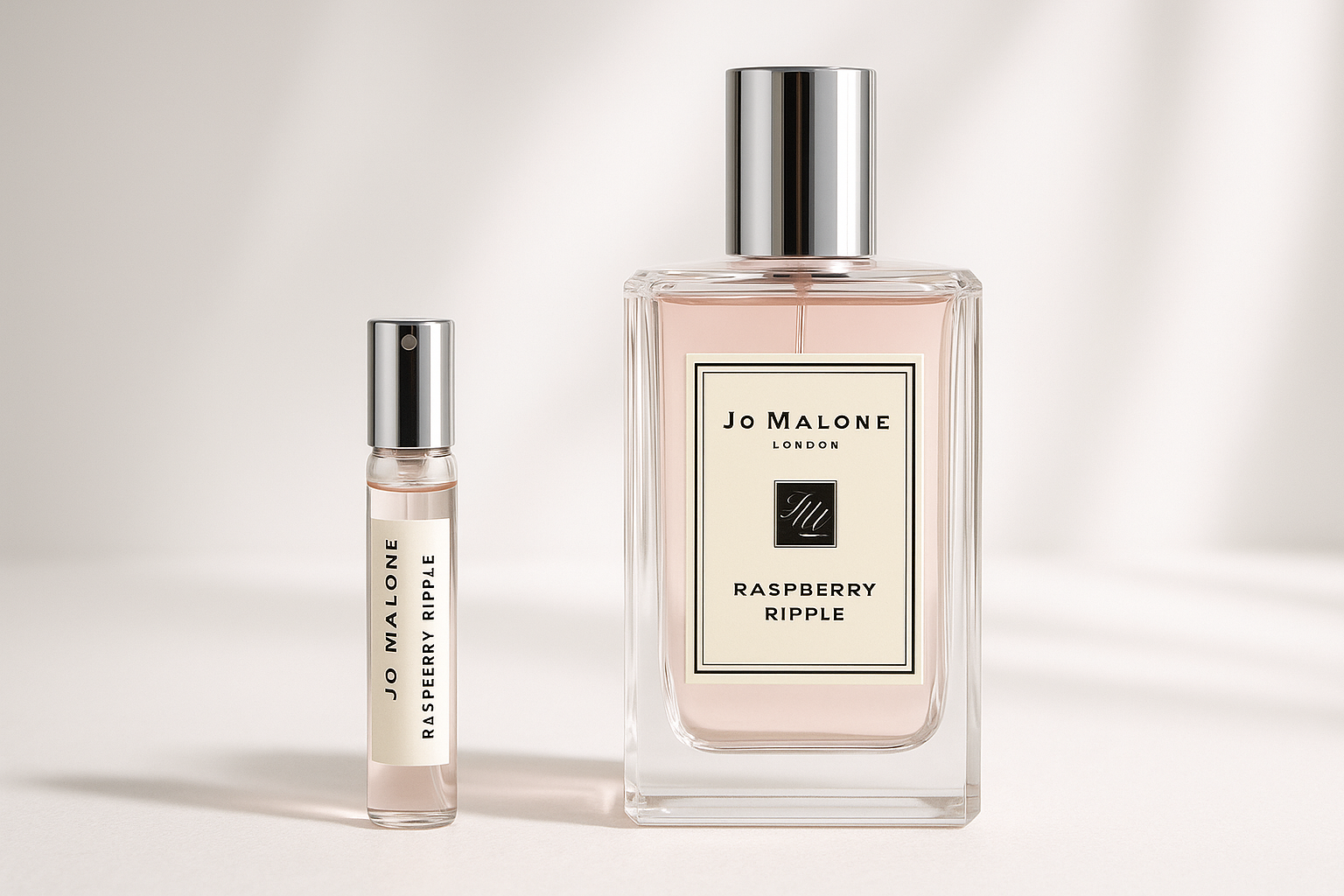 Mostră de parfum Jo Malone Raspberry Ripple 2ml așezată lângă sticla de parfum Jo Malone Raspberry Ripple de 100ml