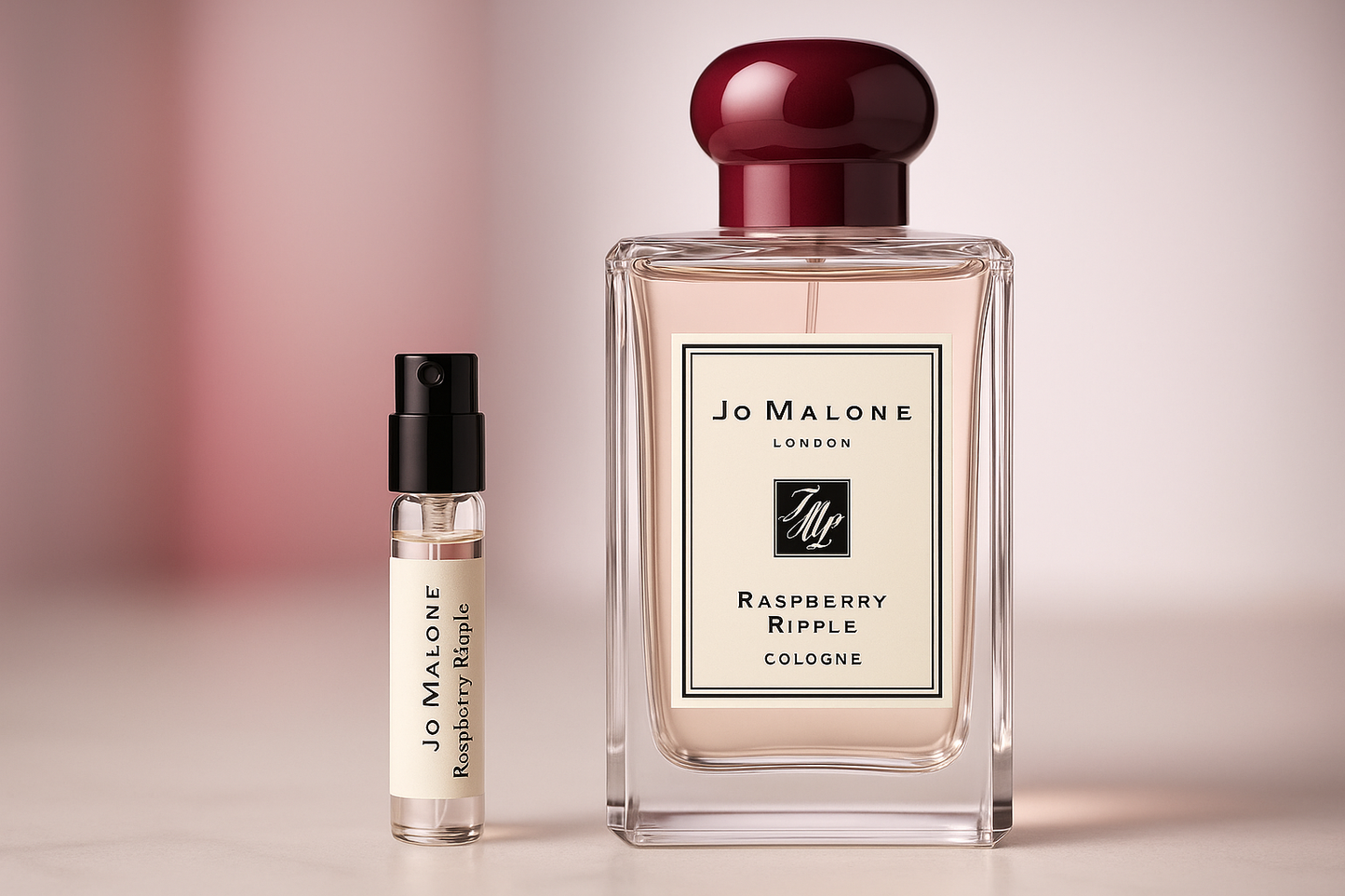 Mostre de parfum Jo Malone Raspberry Ripple Cologne, mostră de parfum de 1ml așezată lângă sticla de 100ml de parfum Jo Malone Raspberry Ripple Cologne