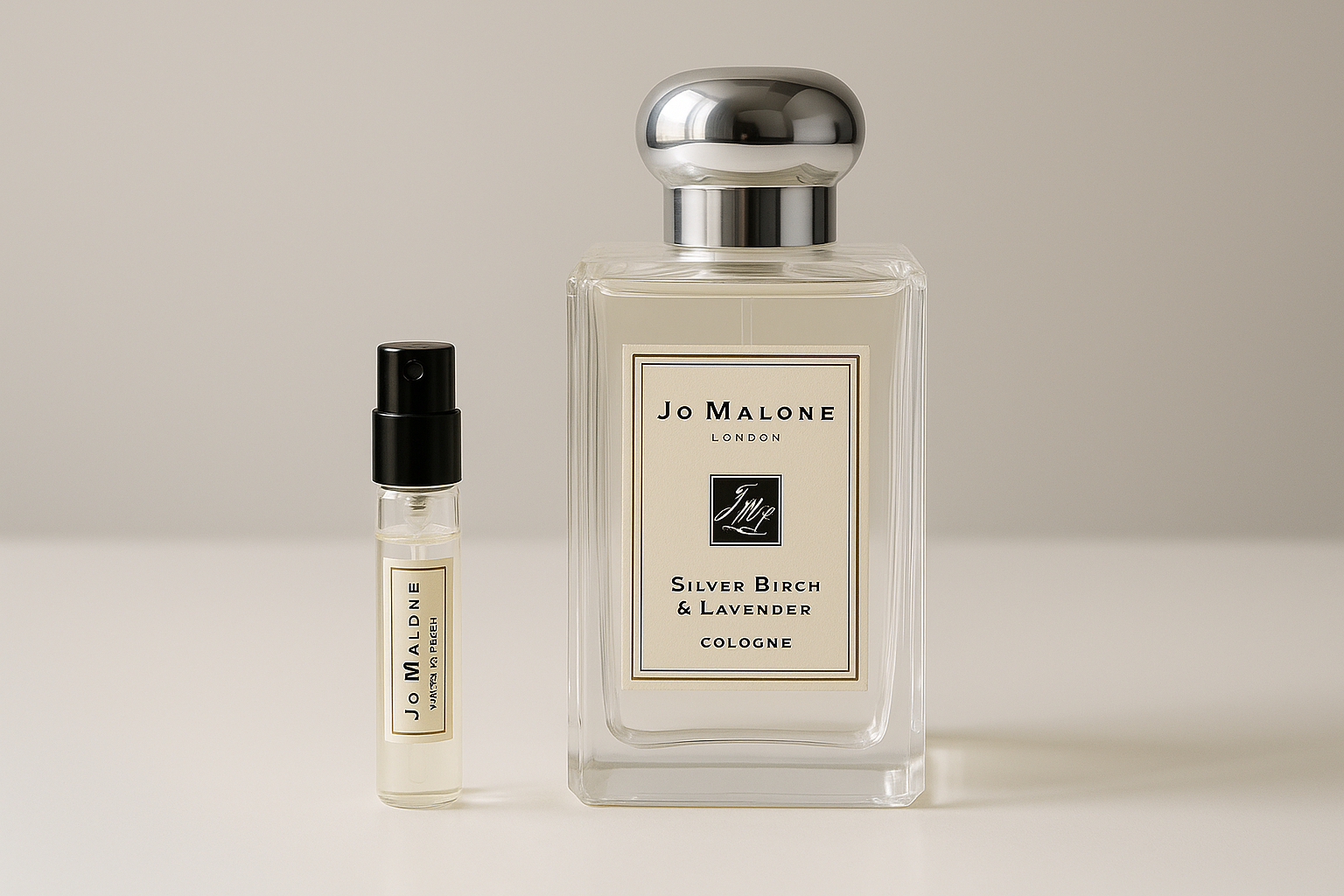 Mostre de parfum Jo Malone Silver Birch & Lavender Cologne, mostre de parfum de 2ml așezate lângă parfumul Jo Malone Silver Birch & Lavender de 100ml