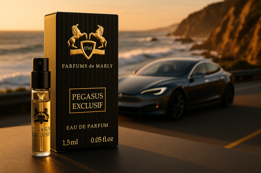 Parfum oficial Parfums De Marly Pegasus Exclusif, probă 1,5 ml 0,05 fl. oz., tester de parfum, în fundal mașină electrică de lux la coastă