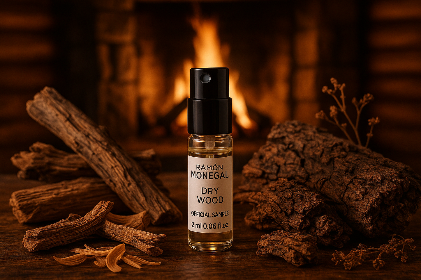 Mostră oficială parfum Ramon Monegal Dry Wood 2ml 0.06 fl.oz., tester de parfum, în fundal foc deschis în cabana de munte, mostră înconjurată de note de parfum Dry Wood