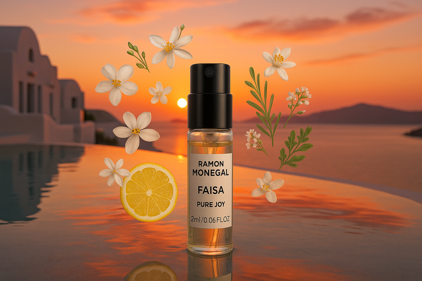 Ramon Monegal Faisa Pure Joy parfum oficial eșantion 2ml 0.06 fl.oz. tester parfum, în fundal apus în piscina din Santorini, eșantion înconjurat de note de parfum Faisa Pure Joy