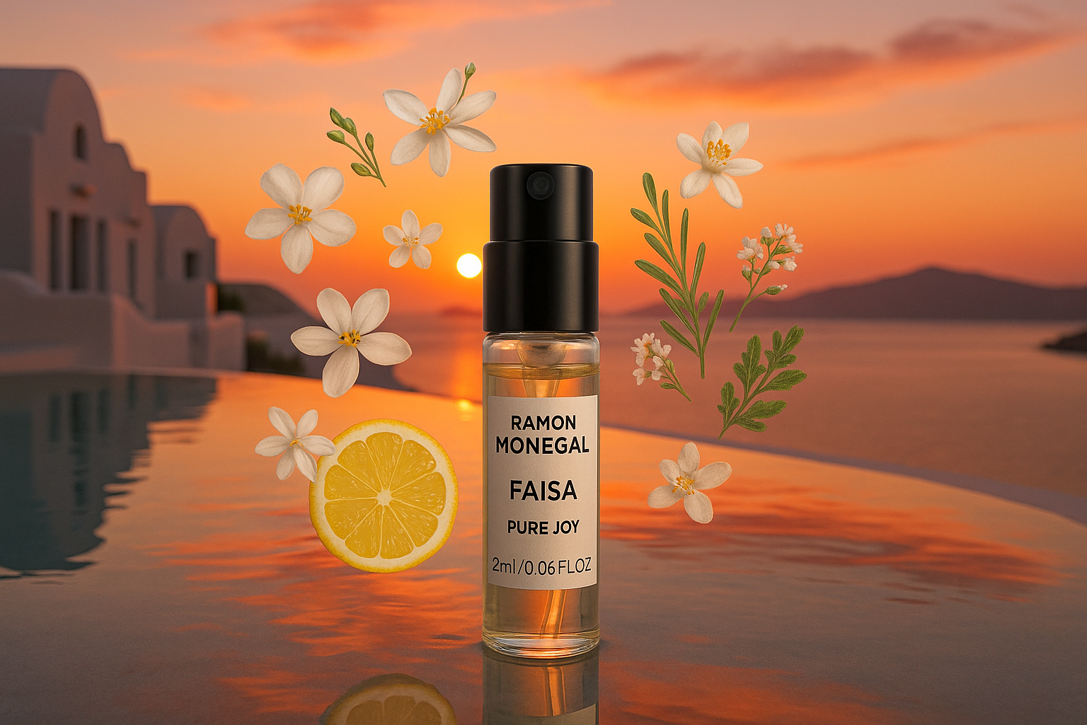 Ramon Monegal Faisa Pure Joy parfum oficial eșantion 2ml 0.06 fl.oz. tester parfum, în fundal apus în piscina din Santorini, eșantion înconjurat de note de parfum Faisa Pure Joy
