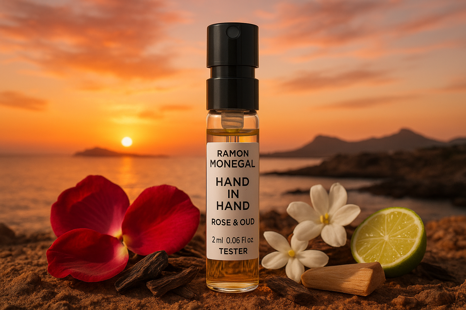 Ramon Monegal Hand in Hand Rose & Oud mostre oficiale de parfum 2ml 0,06 fl.oz. tester de parfum, în fundal apus în Isla Plana Spania, mostra este înconjurată de notele parfumului Hand in Hand Rose & Oud