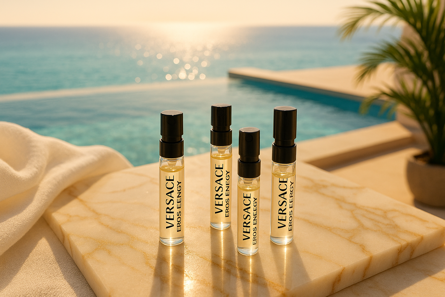 Mostre de parfum Versace Eros Energy, fundal stilat cu vedere la mare și piscină